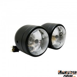 PHARE-OPTIQUE MOTO AVOC DOUBLE DIAM 90 mm LAMPE H4 + FEU DE POSITION NOIR MAT ENTRAXE DE FIXATION 210mm (HOMOLOGUE E)
